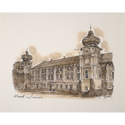 Reprint grafiki z fasadą główną zamku w Łańcucie.